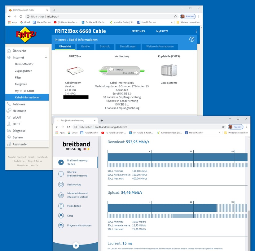 Nach Freischaltung des Kabelmodems der AVM 6660 kamen gut 550 MBit/s(netto) aus dem Vodafone Kabel 500 Anschluss in unser neues Heimnetz (Bild: Harald Karcher).
