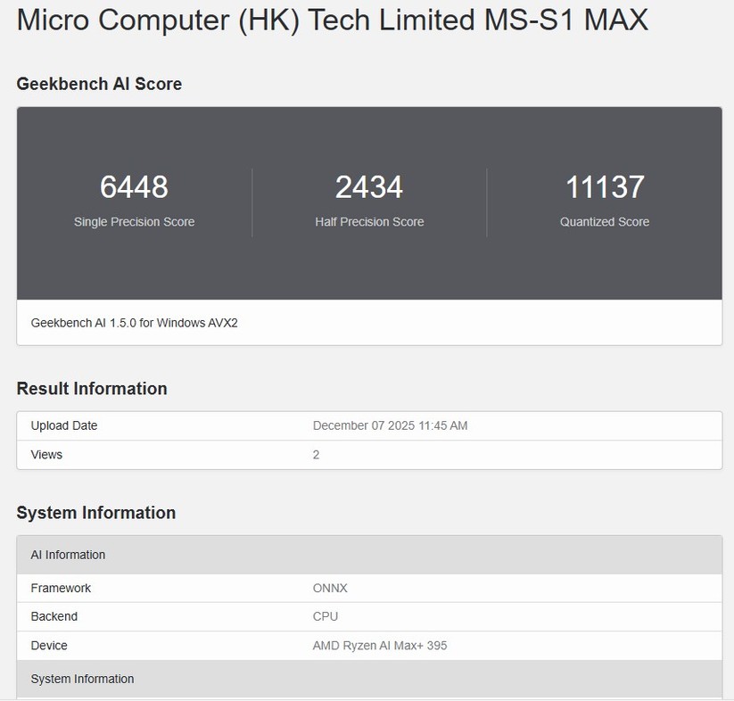 Minisforum MS-S1 Max: Geekbench AI (ONNX-CPU)