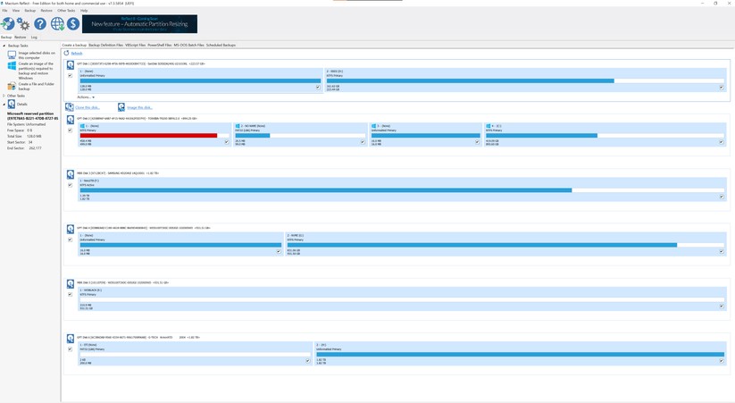 Macrium Reflect Free listet alle Partitionen und Datenspeicher im System auf. Die aktive Windows-Partition ist mit einem Windows-Logo gekennzeichnet. 