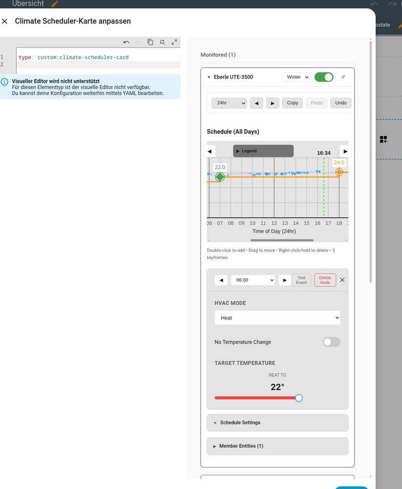 Dank Matter lässt sich das Eberle UTE-3500 einfach in Home Assistant integrieren. Allerdings stellt es nicht so viele Entitäten bereit. Immerhin wird der Wärmebedarf angezeigt, der angibt, mit welcher Intensität das Thermostat Heizwärme anfordert; bei 88 % ist das Ventil im 20-Minuten-PWM-Zyklus fast durchgehend geöffnet.