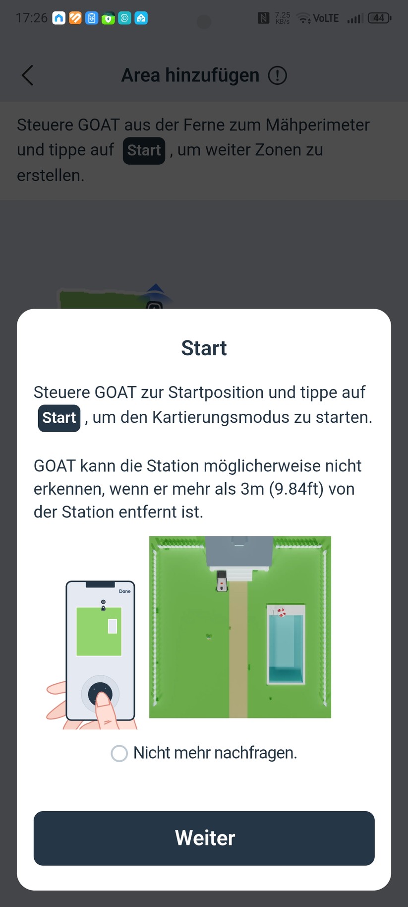 Der Ecovacs Goat A3000 LiDAR bietet eine automatische Kartierung, die allerdings nur funktioniert, wenn die Rasenfläche klar abgegrenzt ist. In unserem Test-Garten mit offenen Übergängen kartieren wir manuell. Die Methode liefert in jedem Fall die präziseren Ergebnisse.