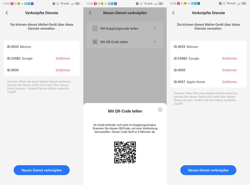 Meross-MTS2015B: Unter Einstellungen - Verknüpfte Dienste kann man das Thermostat für andere Matter-Plattformen freigeben. Nach erfolgreicher Einrichtung zeigt sie der neue Dienst ebenfalls in dieser Liste.