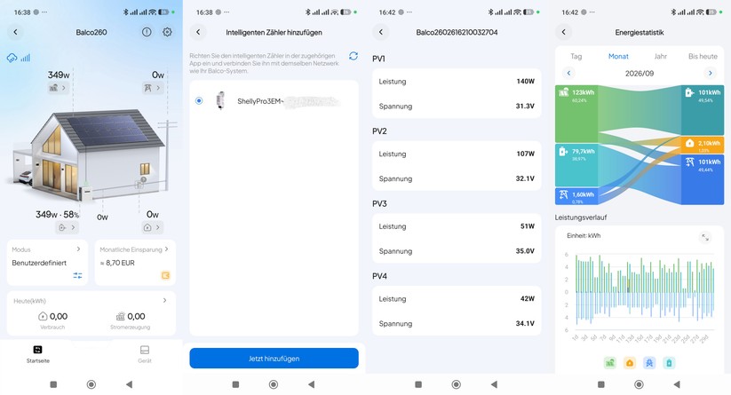 Bluetti Balco 260 unterstützt den Shelly Pro 3EM. Die App bietet Einblicke in die Energieproduktion.