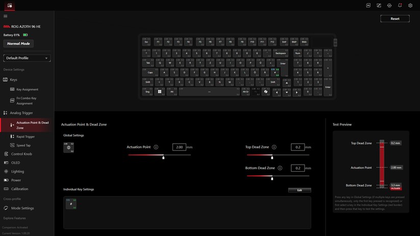 Hall-Effect-Keyboards haben den Vorteil, dass man per Software den Betätigungspunkt für jede Taste individuell bestimmen kann.