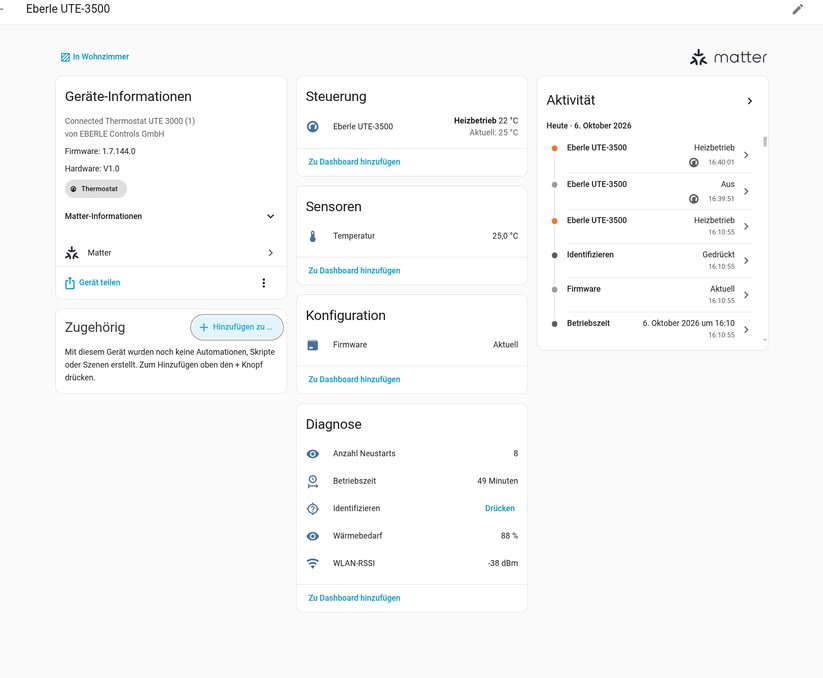 Dank Matter lässt sich das Eberle UTE-3500 einfach in Home Assistant integrieren. Allerdings stellt es nicht so viele Entitäten bereit. Immerhin wird der Wärmebedarf angezeigt, der angibt, mit welcher Intensität das Thermostat Heizwärme anfordert; bei 88 % ist das Ventil im 20-Minuten-PWM-Zyklus fast durchgehend geöffnet.