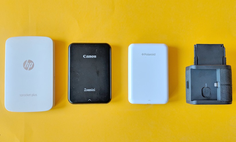 Diese Minidrucker setzen alle auf das Zink-Druckverfahren. v.l.n.r.: HP Sprocket Plus, Canon Zoemini, Polaroid ZIP, Prynt Pocket