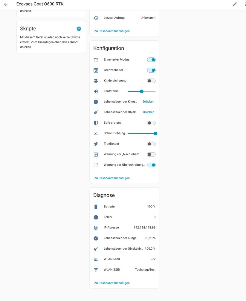 Für Ecovacs-Mähroboter gibt es eine Integration für Home Assistant. Sie ist an die Cloud des Herstellers gekoppelt und bietet Zugriff auf wichtige Betriebsparameter. Die Konfigurationsoptionen sind nicht so umfassend wie bei Integrationen für Mähroboter anderer Hersteller. 