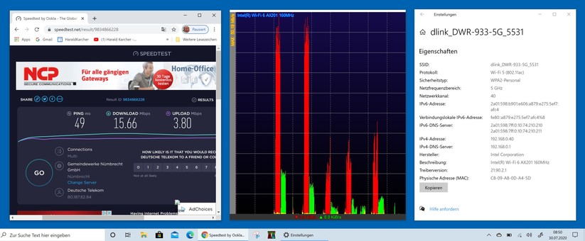 Der 5 GHz-WLAN-Funk des D-Link DWR-933 Routers hat das Internet aus dem LTE-Netz der Deutschen Telekom zumindest im ersten und im zweiten Zimmer recht gut verteilt. Rot=DL. Grün=UL (Bild: Harald Karcher)