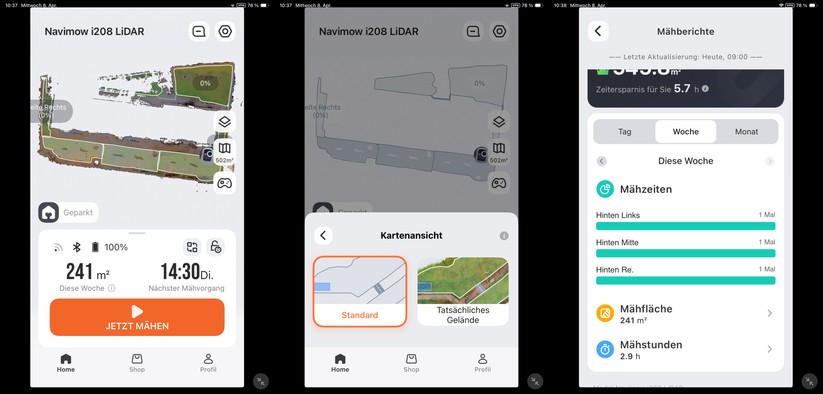 Die Navimow-App ist übersichtlich und lässt sich einfach bedienen. Die Kartenansicht bietet ähnlich wie Google Maps zwei Darstellungsoptionen. Im Test erreicht der Navimow i208 LiDAR eine Mähgeschwindigkeit von etwa 83 m².