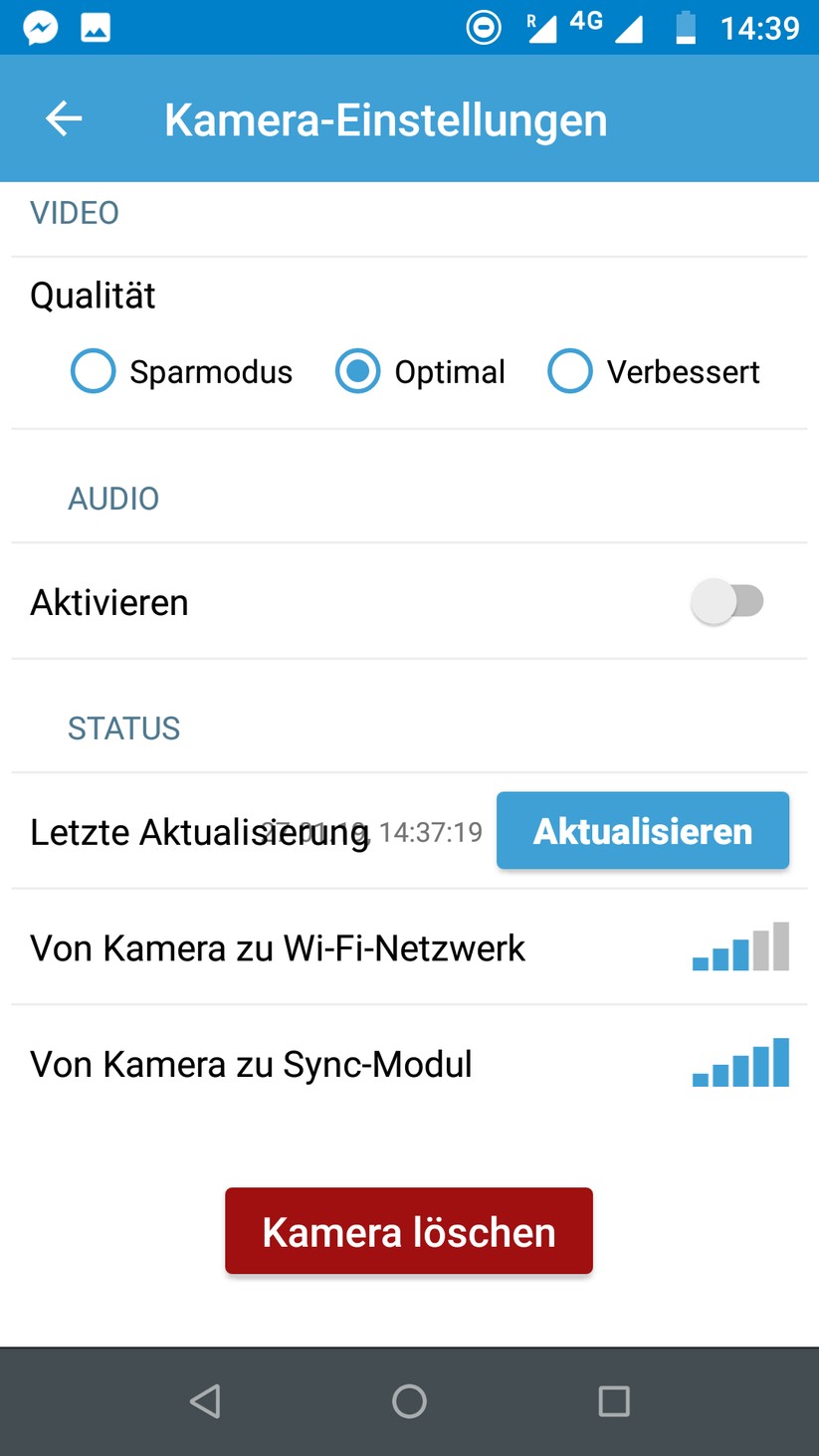Die App zeigt die Signalstärke zwischen Kamera und WLAN beziehungsweise zum Sync-Modul an. Besonders zuverlässig ist diese Anzeige nicht. Bei diesem Screenshot war die Signalstärke schon nicht mehr ausreichend für LiveView.