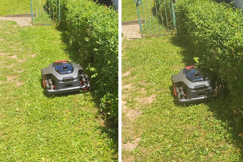 Der Mova Lidax Ultra AWD ist baugleich mit dem Dreame A3 AWD, jedoch für Rasenflächen von maximal 2000 m² ausgelegt. In der Praxis zeigen sich dennoch Unterschiede, da die Firmware des Mova mehrere Builds hinter der des Dreame zurückliegt. So fehlt beim Mova die Möglichkeit, die Hinderniserkennung an Kanten zu deaktivieren – wodurch er an mit Pflanzen bewachsenen Rändern etwas mehr Abstand hält (links). Dies lässt sich jedoch mit der Option „Zugängliche Zone“ beheben: Markiert man den entsprechenden Bereich damit, mäht auch der Mova die Ränder sehr gut (rechts).