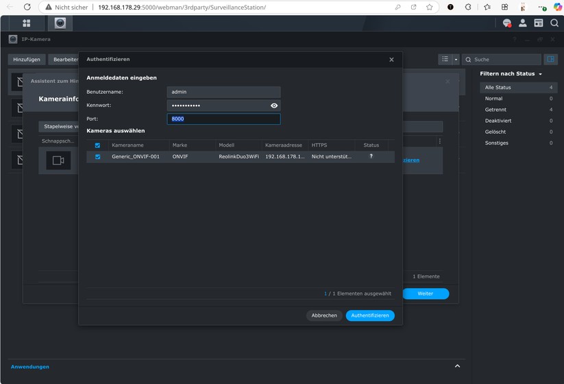 Reolink Duo 3 WiFi: Integration in Synology Surveillance Station