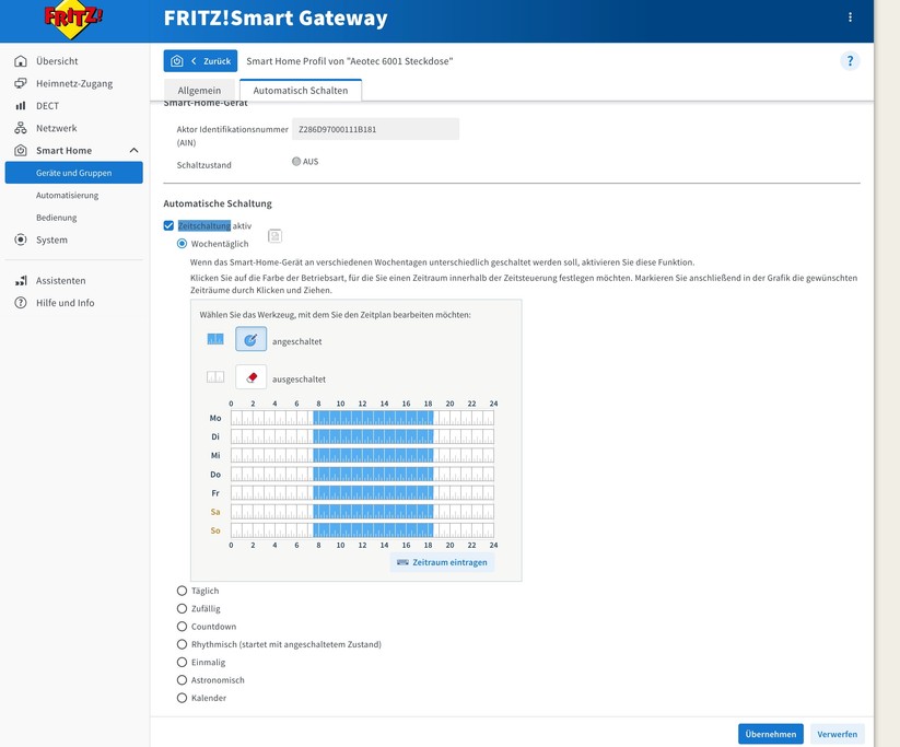 Fritz Smart Gateway: Für jedes Gerät lassen sich Zeitpläne definieren.