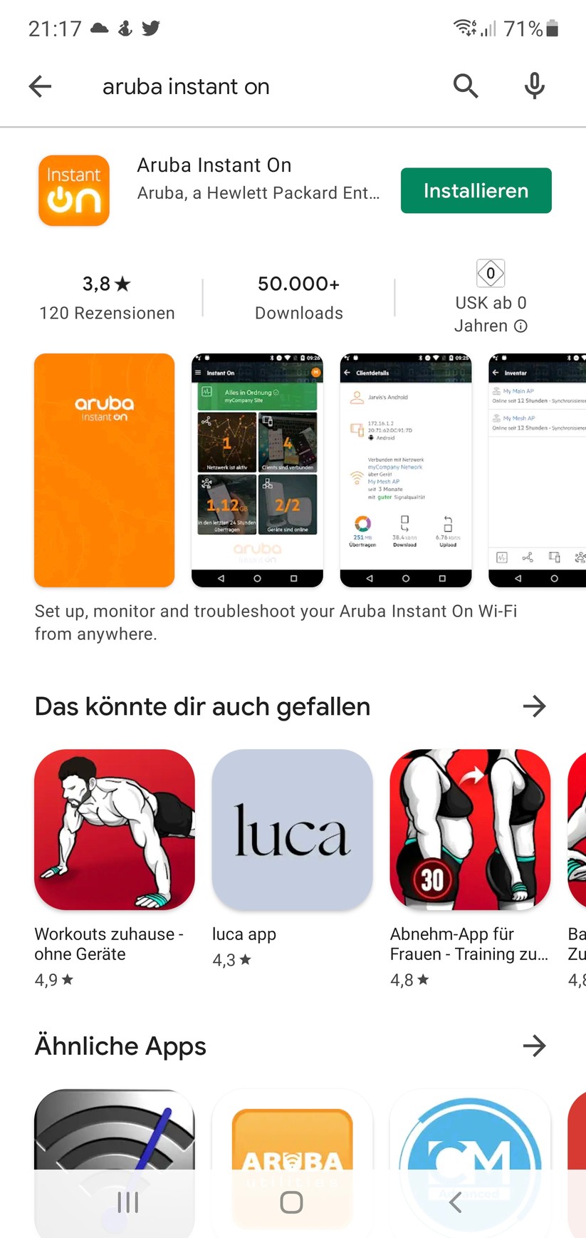 Die Aruba App im Play Store