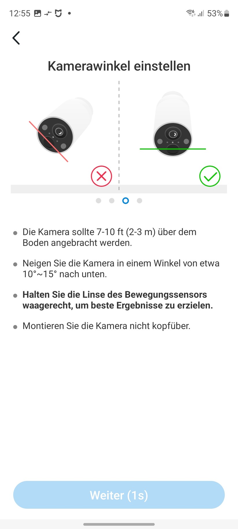 TP-Link C425: Das Set-up der Überwachungskamera erfolgt mit der Tapo-App, für die allerdings ein Konto erforderlich ist. Die App informiert dabei nicht nur die Funktionen der C425, sondern gibt auch Tipps zum Aufstellort.