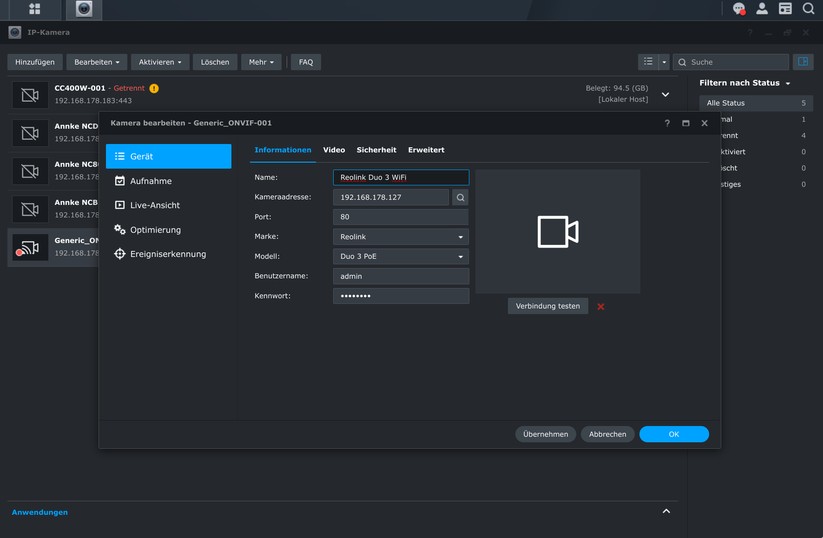 Reolink Duo 3 WiFi: Integration in Synology Surveillance Station