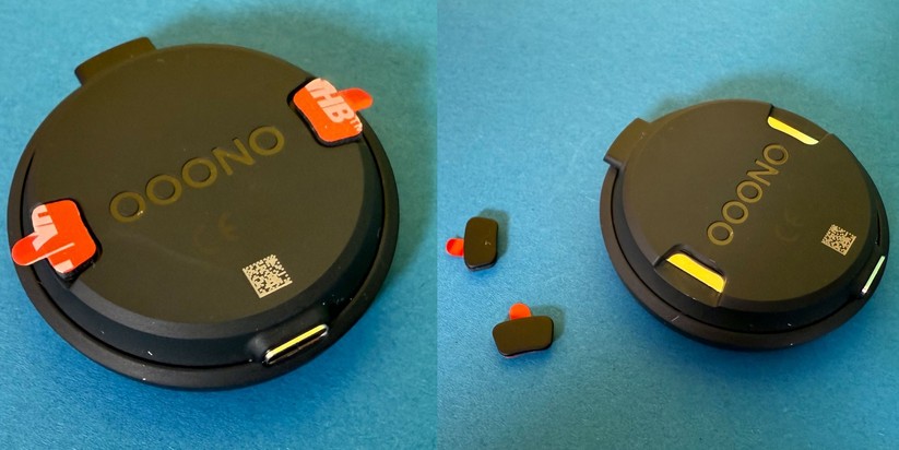 Smart gelöst: Zum Befestigen zieht man die roten Klebefolien ab und klebt den Oooono ins Auto. Das Gerät selbst kann man dann magnetisch lösen.