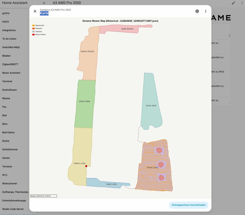 Dreame A3 AWD Pro 3500: Für Home-Assistant gibt es eine community-basierte Integration, die allerdings an die Dreame-Cloud gekoppelt ist. Eine lokale Ansteuerung ist nicht möglich. Mit der Integration hat man Zugriff auf viele Betriebsdaten wie dem Akku-Status und dem Mähfortschritt.