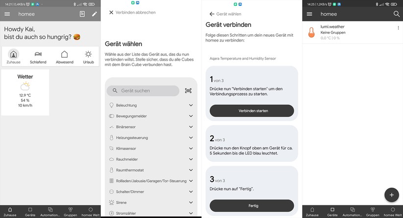 Homee ist kompatibel zu vielen Geräten. Von Aqara unterstützt Homee allerdings nur den Temperatur- und Luftfeuchtigkeitssensor.