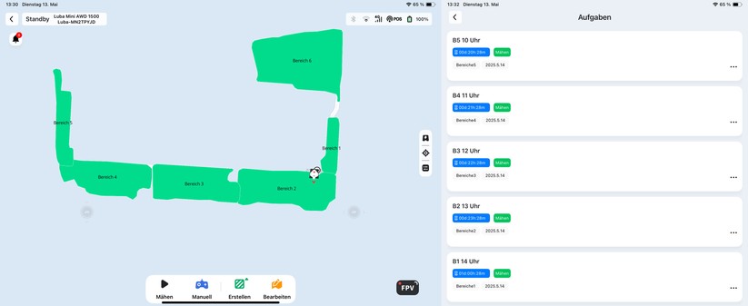 Die Mammotion-App ist auch für Tablets optimiert. Sie bietet eine intuitive Bedienung, mit der Anwender die wichtigsten Einstellungen wie Mähgeschwindigkeit, Schnitthöhe, Schnittbahnwinkel, Schnittbahnmodus, Modus für die Hinderniserkennung pro Mähzone vornehmen können. Andere Hersteller wie Ecovacs bieten in puncto Mährichtung (Schnittbahnwinkel) nur eine globale Einstellung, die für alle Zonen gilt. Aber auch die Mammotion-App hat noch Optimierungspotenzial, etwa was die Darstellung der Zeitpläne anbelangt.