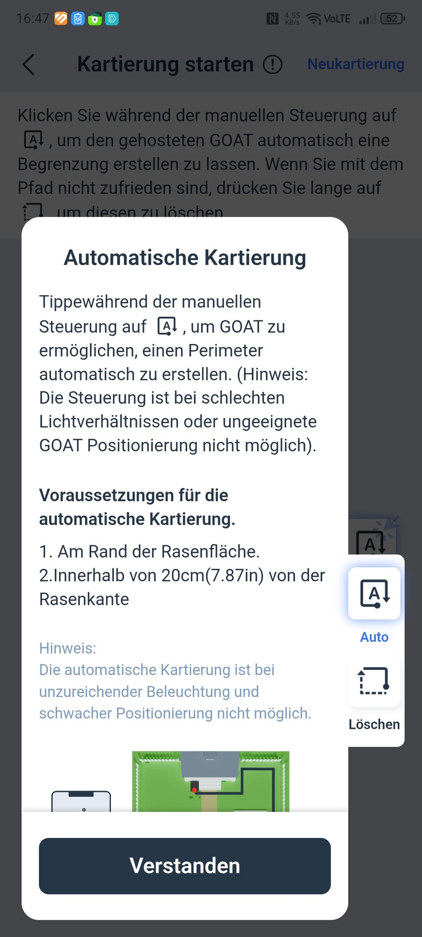 Der Ecovacs Goat A3000 LiDAR bietet eine automatische Kartierung, die allerdings nur funktioniert, wenn die Rasenfläche klar abgegrenzt ist. In unserem Test-Garten mit offenen Übergängen kartieren wir manuell. Die Methode liefert in jedem Fall die präziseren Ergebnisse.