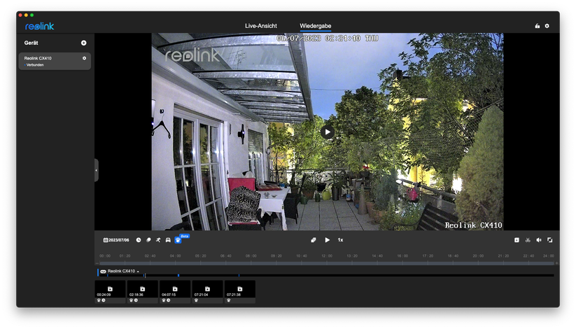 Reolink CX410: Im Wiedergabe-Menü können Anwender Videos nach bestimmten Ereignistypen wie Personen, Haustiere oder Fahrzeuge filtern.