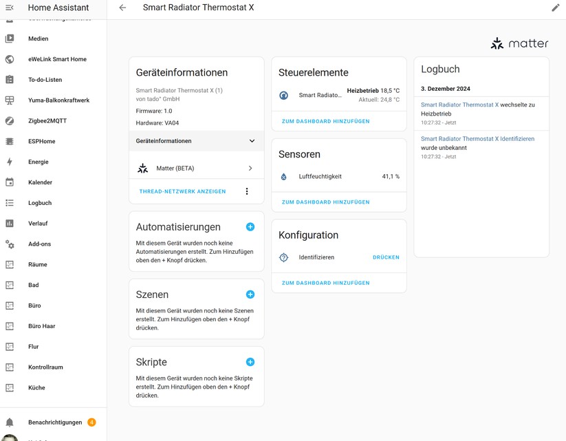 Auch unter Home Assistant funktioniert Tado X. Über Matter stehen allerdings nur wenige Funktionen zur Verfügung. Heizpläne lassen sich aber über Automatisierungen nachbilden. Und mit einem Tür-/Fenster-Sensor können Anwender eine deutlich effizientere Methode zur Fenster-Offen-Erkennung umsetzen als die auf einem Temperaturabfall basierende Methode in der Tado-App.