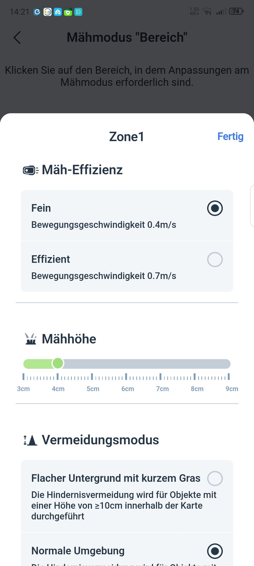  Kartierung, Einstellungen und Mähen
