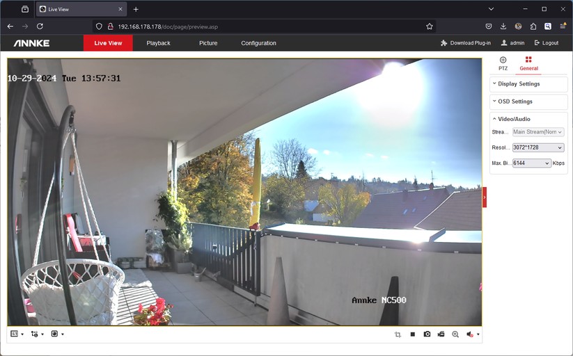 Annke NC500: Zugriff mit Browser unter Windows. Unter macOS und Linux steht der Livestream beim Zugriff mit einem Browser nicht zur Verfügung.