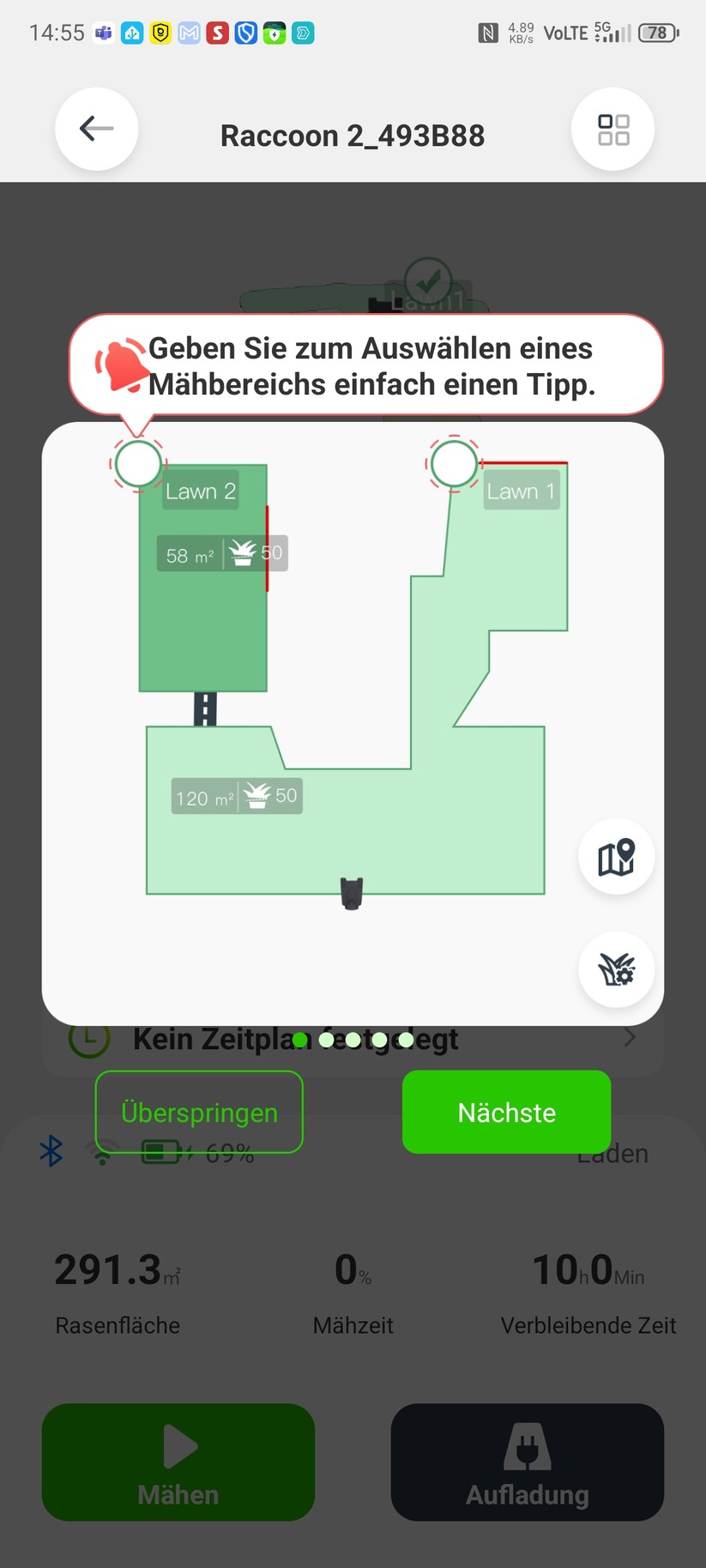 Roboup Raccoon 2 SE: Die Roboup-App liegt auf Deutsch und ist übersichtlich, sodass man den Mähroboter leicht konfigurieren und Zeitpläne erstellen kann.