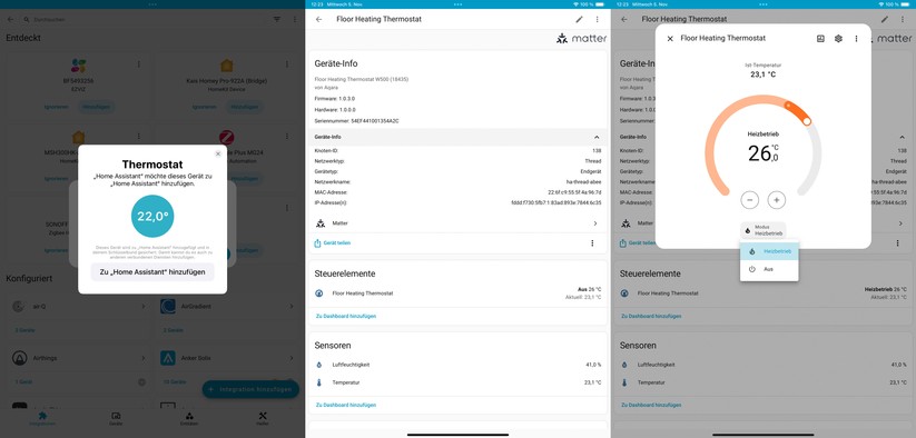 Standardmäßig unterstützt das Aqara-Thermostat W500 das Funkprotokoll Thread. Damit kann man es direkt in Matter-kompatible Smart-Home-Zentralen mit Thread Border Router wie Home Assistant oder Apple Home integrieren. Allerdings unterstützt das W500 mit Zigbee mehr Funktionen.
