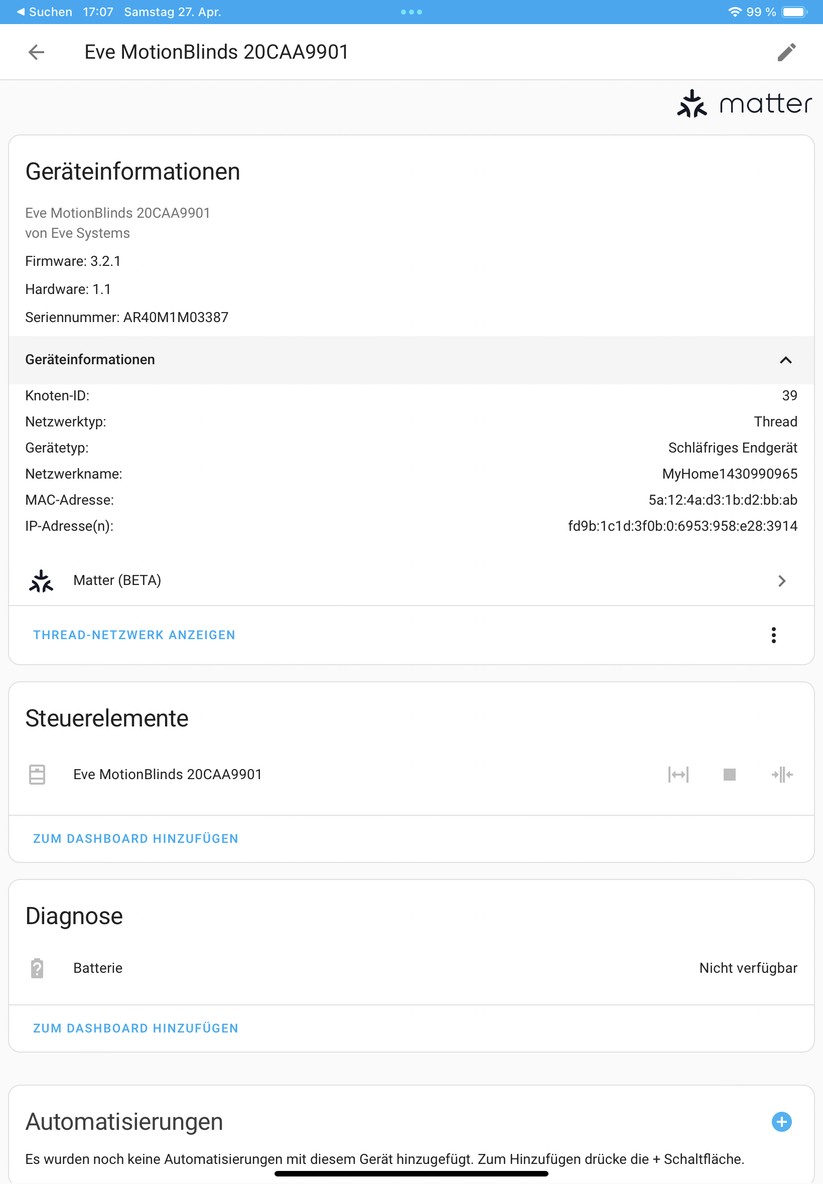 Eve Blinds Collection: Über Apple Home verbinden wir per Matter das Rollo auch mit Home Assistant. Damit lassen sich smarte Automatisierungen, etwa auf Basis eines Helligkeitssensors erstellen.