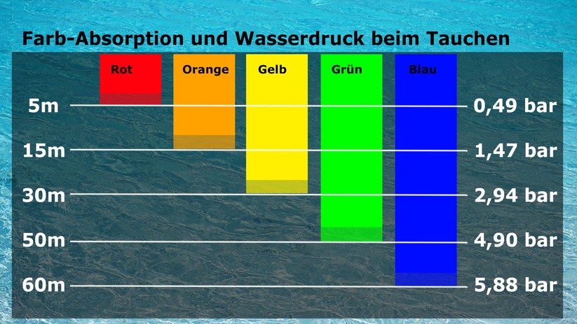 Rottöne sind bereits ab 3 bis 5 m Wassertiefe nicht mehr zu erkennen.