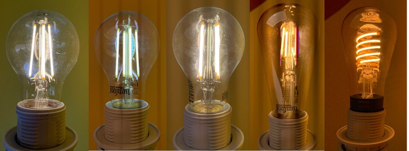 Von links nach rechts: Hama WiFi LED, Elesion LAV-150.t, LAV-150.w, LAV-125.w, Philips Hue Edison