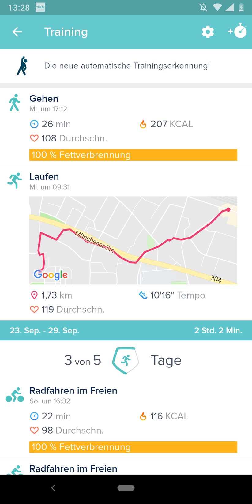 Die Versa 2 liefert die Daten zu Trainings zum Handy. Die Tracks ohne GPS wurden automatisch erkannt. 