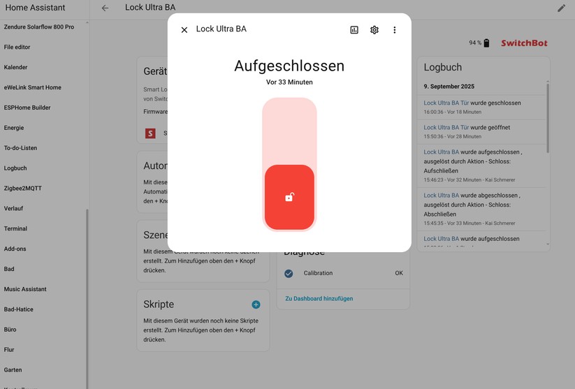 Switchbot Lock Ultra: Die Integration in Home Assistant ist über die Cloud, Bluetooth, Matter und MQTT möglich. Über MQTT wird auch das Ziehen der Falle angeboten. Allerdings funktioniert das nicht korrekt. Scheinbar wird die Kalibrierung über MQTT bei diesem Befehl nicht berücksichtigt. 