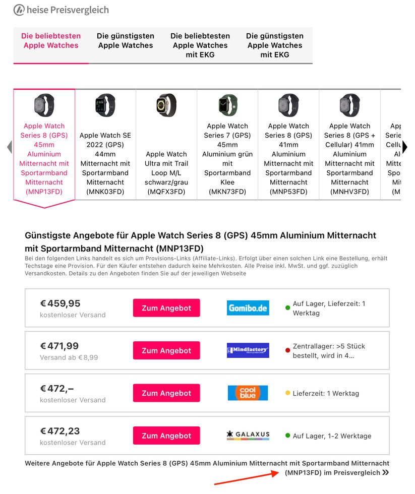 Unter jedem Produkt gibt es einen Link in den Preisvergleich.