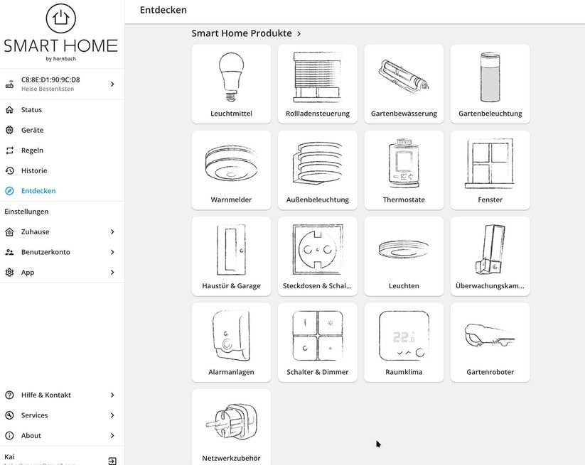 Über smarthomebyhornbach.com können Anwender ihr Smart Home bequem vom Desktop aus verwalten. Die Web-Oberfläche bietet die gleichen Funktionen wie die App.