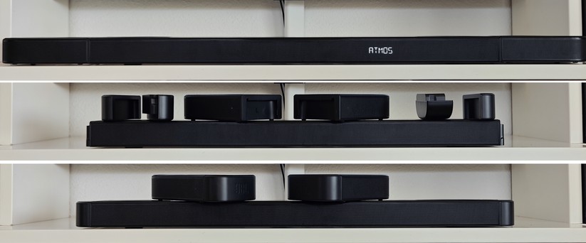 JBL Bar 1000MK2: Dank abnehmbarer und akkubetriebener Lautsprecher lässt sich Soundbar sehr flexibel einsetzen. Für Filme kann man die Lautsprecher als Rears nutzen und zur Musikwiedergabe sorgen sie an der Soundbar angesteckt für eine breitere Bühnenabbildung.