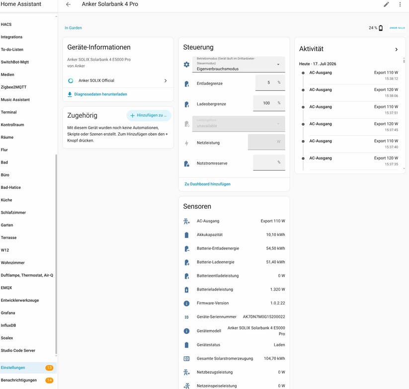 Dank einer offiziellen Integration lässt sich die Anker Solarbank 4 Pro unter Home Assistant einbinden und lokal steuern.