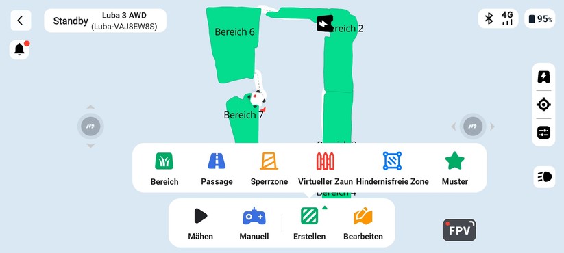 Bei unterschiedlich ausgerichteten Rasenflächen empfiehlt sich eine Aufteilung in Zonen. Da die Mammotion-App keine Aufteilung in Zonen nach der Kartierung unterstützt, sollte man den Garten Zone um Zone kartieren.
