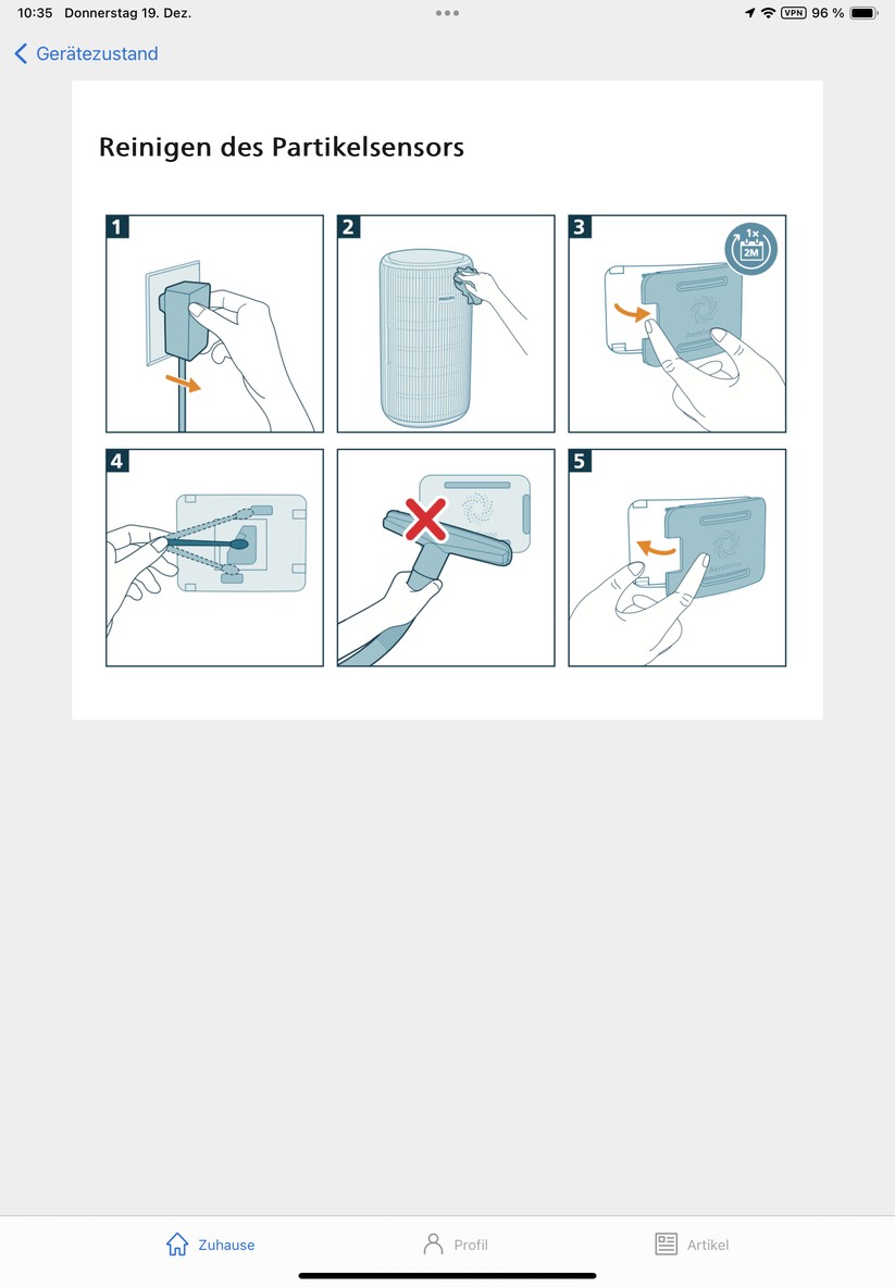 Mit der App Air+ können Anwender den Philips-Lufteiniger nicht nur einfach steuern und Zeitpläne anlegen. Sie bietet auch Informationen zur Funktionsweise des Geräts und zur Luftqualität. Außerdem integriert sie das Benutzerhandbuch und erläutert die Vorgehensweise für Reinigung und Austausch der Filter. 