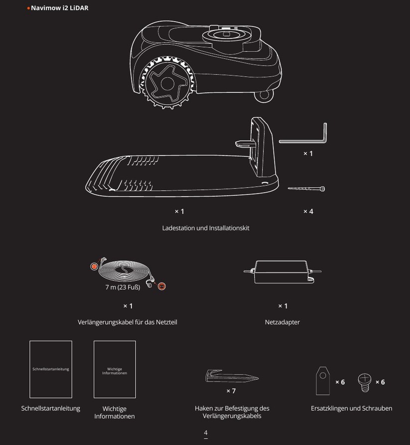 Navimow i208: Lieferumfang, technische Daten, Ansicht, Display