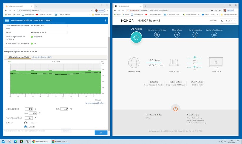 In unserem Testsetup zog der Honor Router 3 Router nur 4,57 bis 4,72 Watt aus der 230-Volt-Dose (Screenshot: Harald Karcher).