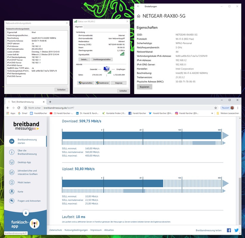 Der 11ax-Netgear-RAX80 von 2018 verbindet sich bei nominal 1200 Mbps Brutto mit dem neuen Intel Wifi-6-Modul aus 2019 im Razer Blade 15. Das Gespann holt (genau wie die AVM 7590) alle Reserven aus dem Kabel 500 Internet Anschluss heraus (Bild: Harald Karcher).