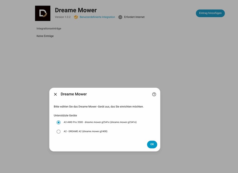 Dreame A3 AWD Pro 3500: Für Home-Assistant gibt es eine community-basierte Integration, die allerdings an die Dreame-Cloud gekoppelt ist. Eine lokale Ansteuerung ist nicht möglich. Mit der Integration hat man Zugriff auf viele Betriebsdaten wie dem Akku-Status und dem Mähfortschritt.