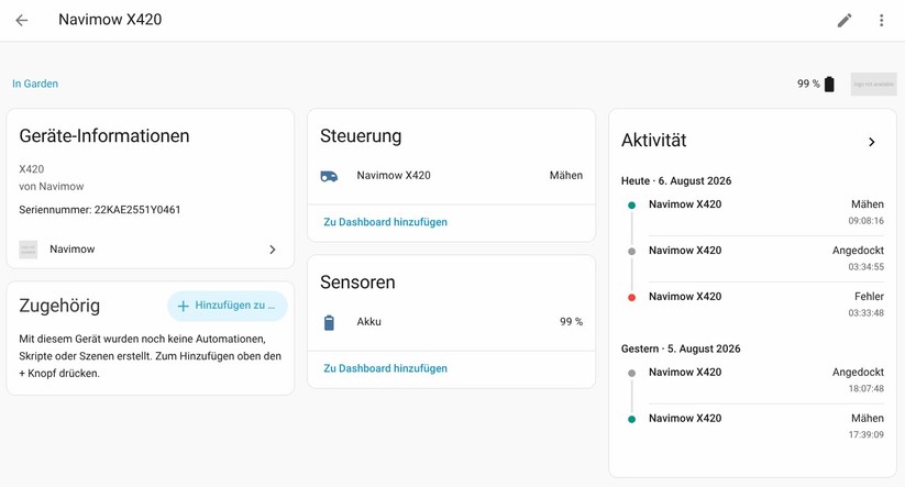 Die offizielle Integration für Home Assistant bietet nur wenige Steuerungsmöglichkeiten und zeigt lediglich den Batteriestatus an. Deutlich leistungsfähiger ist die Community-Integration. Sie erlaubt  fast alle in der App verfügbaren Konfigurationsoptionen und zeigt auch eine Karte mit Mähfortschritt unter Home Assistant an.