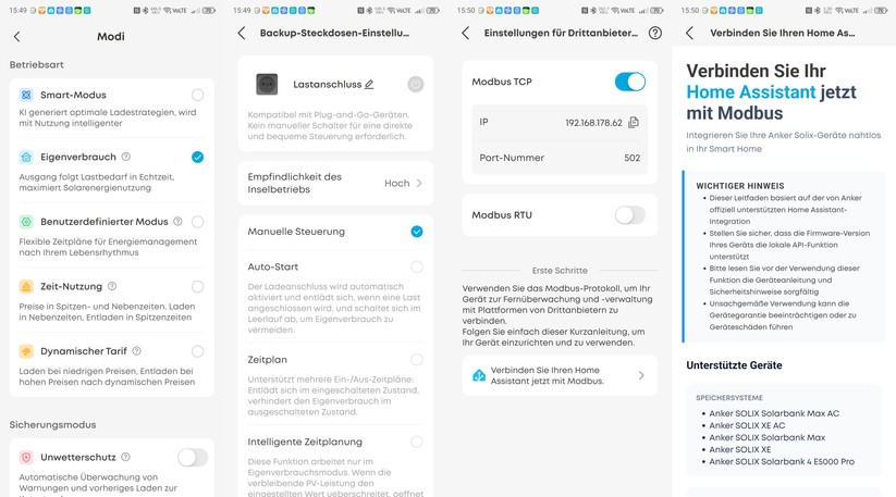 Wer einen Smart Meter wie Shelly Pro 3EM installiert hat, nutzt den Modus „Eigenverbrauch“. Damit speist die Solarbank 4 genauso viel Strom ins Hausnetz ein, wie aktuell benötigt wird. Die Notstromsteckdose (Lastanschluss) bietet im Offgrid-Modus bis zu 2500 Watt. Ans Stromnetz angeschlossen liefert sie sogar 3600 Watt. 1100 Watt kommen dann aber vom Stromversorger. Die Home-Assistant-Integration wird in der App ausführlich beschrieben.