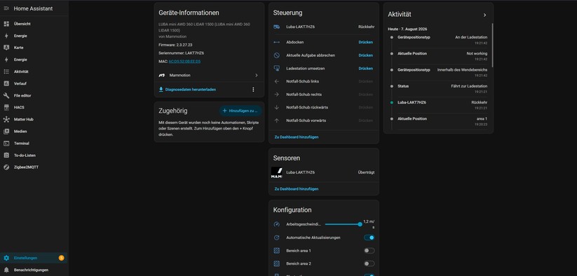 Mit einer Community-Integration lässt sich der Mammotion Luba Mini 2 AWD 1500 auch unter Home Assistant steuern.