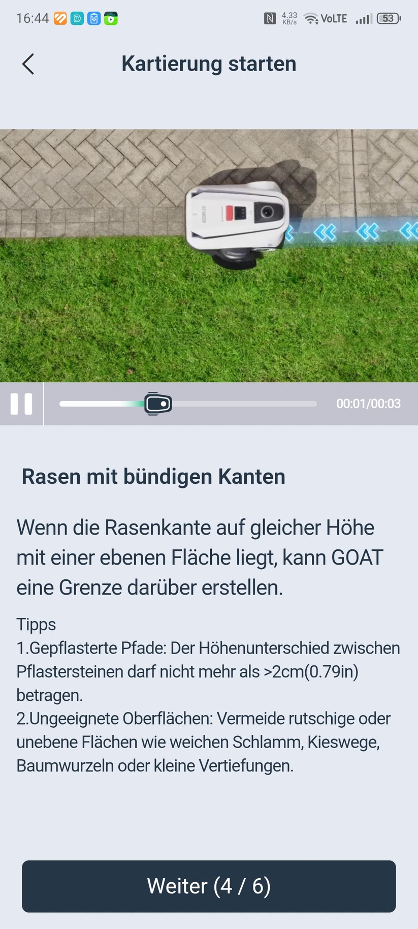 Der Ecovacs Goat A3000 LiDAR bietet eine automatische Kartierung, die allerdings nur funktioniert, wenn die Rasenfläche klar abgegrenzt ist. In unserem Test-Garten mit offenen Übergängen kartieren wir manuell. Die Methode liefert in jedem Fall die präziseren Ergebnisse.